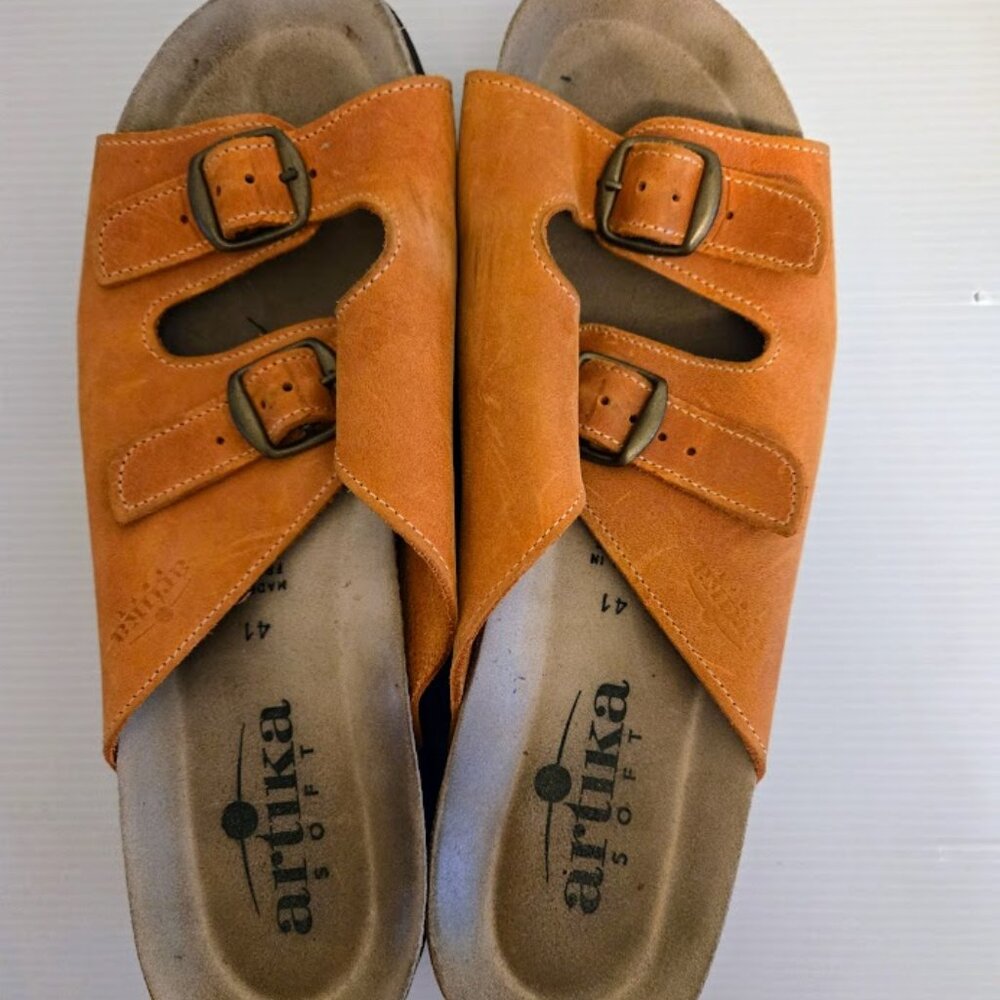 Orange Suede Double-Buckle Slip-On Sandals